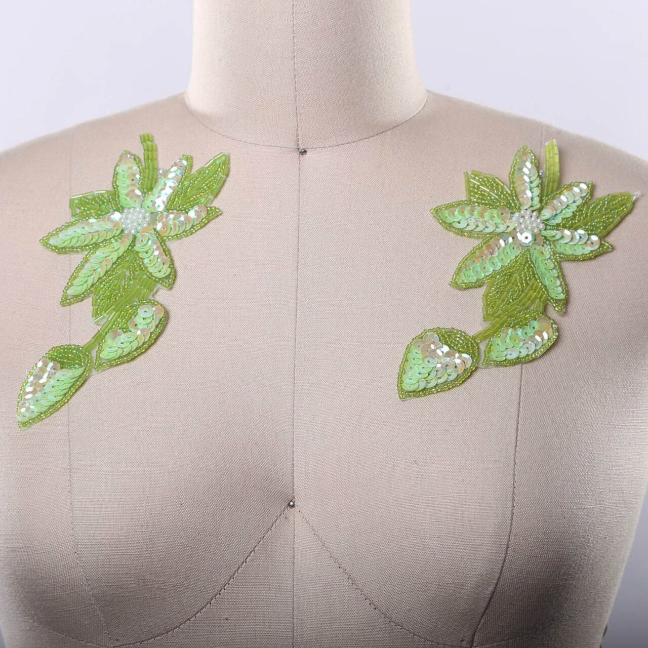 Lime Green Sequined Flower Patches Set of 2 Beaded Iron On Appliques 6 x 3.25 Inch